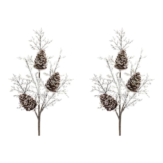 Brown &#x26; White Iced Pinecone Twig Branch, 2ct.